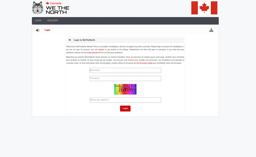 WeTheNorth market login page as it appears inside Tor Browser after connecting