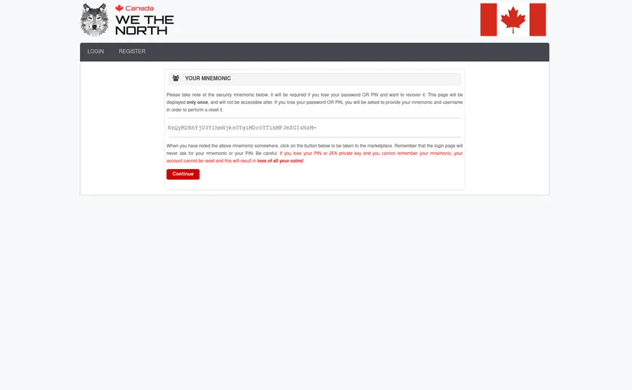 Account mnemonic recovery phrase screen shown during WeTheNorth market registration